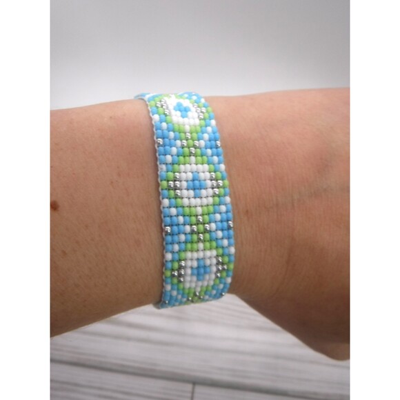 Loom Baded Bracelet Teal & Green w/ Leather - Picture 1 of 4